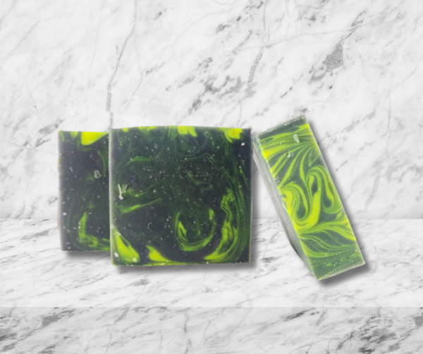 Three activated charcoal bars with yellow-green neon swirls.