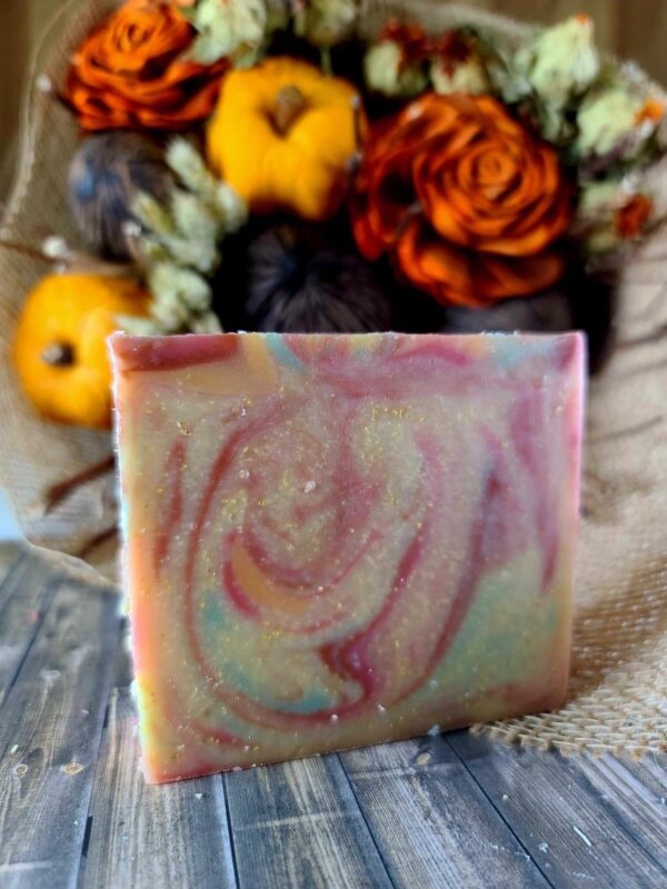 An image of a multicolored bar of soap in Fall colors.