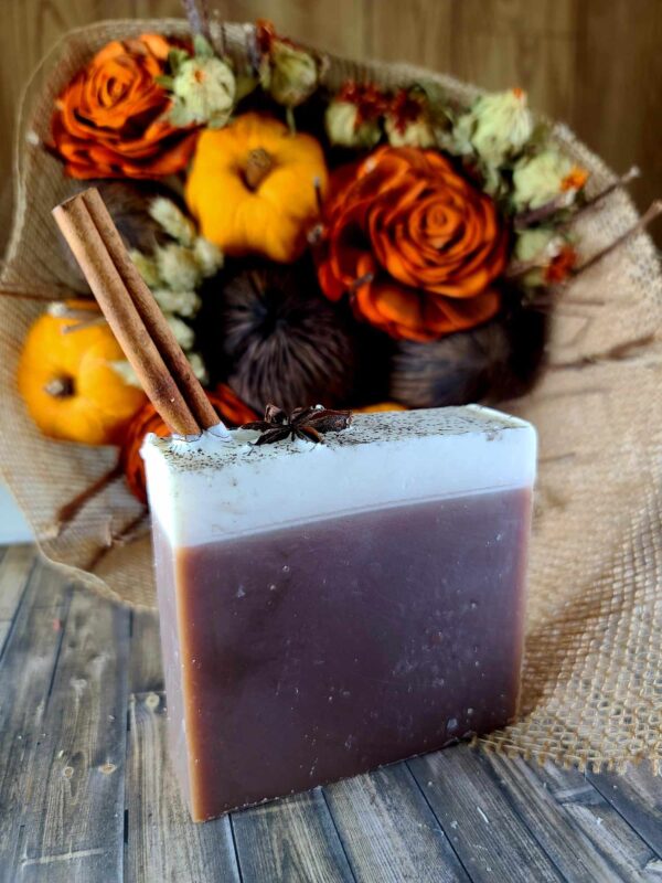 A picture of a bar of soap resembling hot apple cider, brown on the bottom with white on top and possessing Cinnamon Stick and Star Anise imbeds.