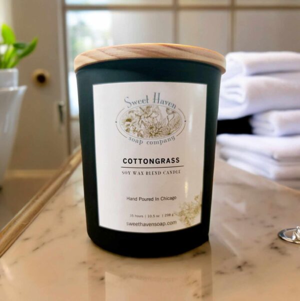 A black jar with pale wood cover in a luxury bathroom.