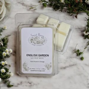 Natural soy wax melts, pthalate--free scented like an English Garden. Six cubes per package. 2.5 oz.