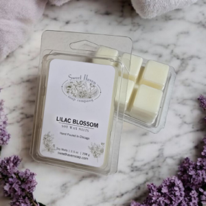 a pack of six all-natural, pure soy wax melt cubes, richly scented with lilac blossom fragrance.